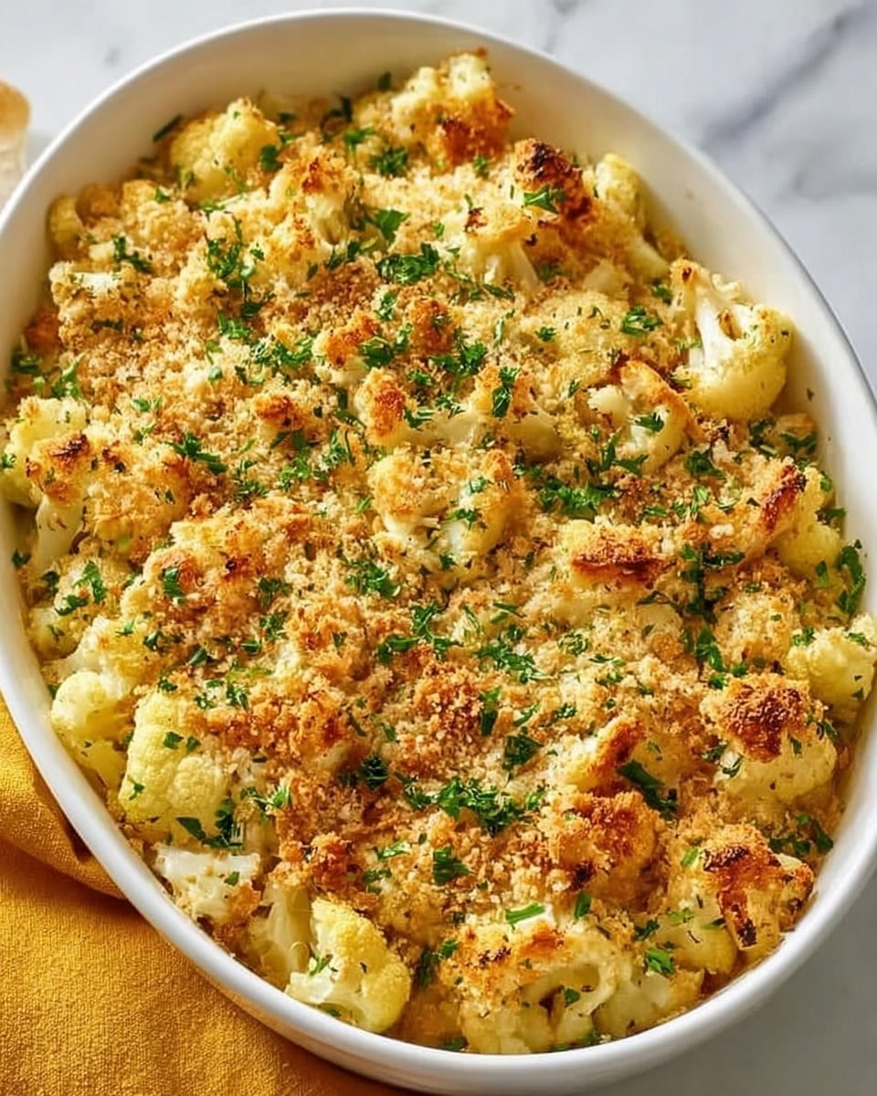 The image shows a white oval dish filled with golden brown bread stuffing topped with small bits of toasted bread pieces that have a crispy texture. The stuffing has light yellow and tan colors with some green chopped herbs sprinkled evenly on top, adding a fresh touch. The texture looks fluffy but with some crunchy bits scattered throughout. The dish sits on a white marbled surface, and a folded yellow cloth is partially visible near the bottom left side. photo taken with an iphone --ar 4:5 --v 7