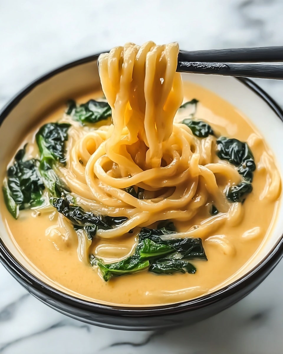 A close-up of thick, creamy yellow noodles being lifted by black chopsticks above a bowl filled with more noodles in sauce, with shiny, wilted green spinach leaves mixed in. The noodles look smooth and soft, covered in a thick, glossy sauce, creating a rich texture contrast with the vibrant green spinach. The bowl is white and round, placed on a white marbled surface, giving a fresh and clean look. photo taken with an iphone --ar 4:5 --v 7