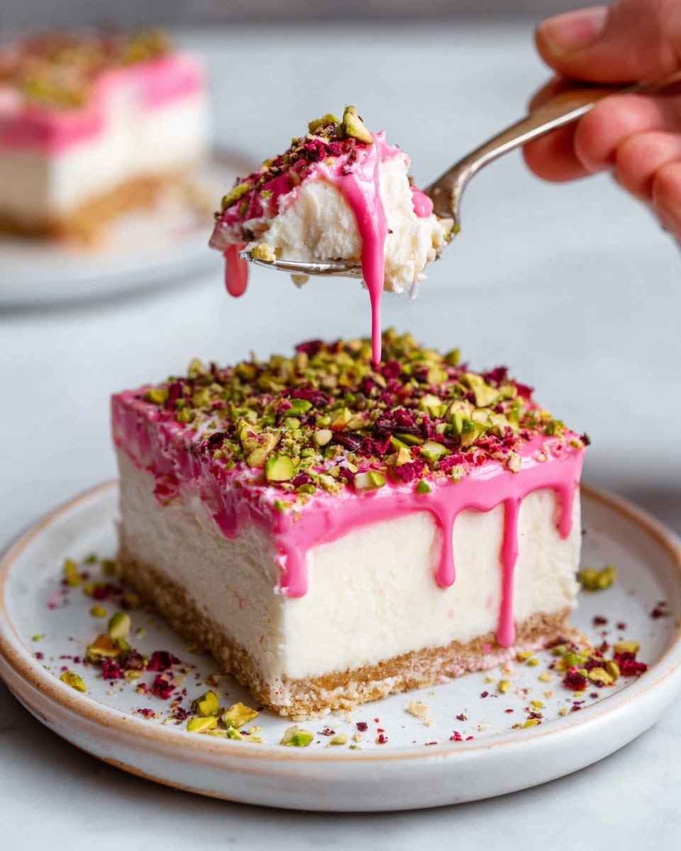 The image shows a single square piece of dessert on a white plate with a light gold rim placed on a white marbled surface. The dessert has three visible layers: a thick beige crumbly base, a middle white creamy layer, and a top bright pink layer with a smooth, slightly dripping texture on the sides. The top is sprinkled generously with chopped green pistachios and small pink bits. A woman's hand holds a gold spoon above the dessert, scooping up some pink layer with cream and pistachio bits. Photo taken with an iphone --ar 4:5 --v 7