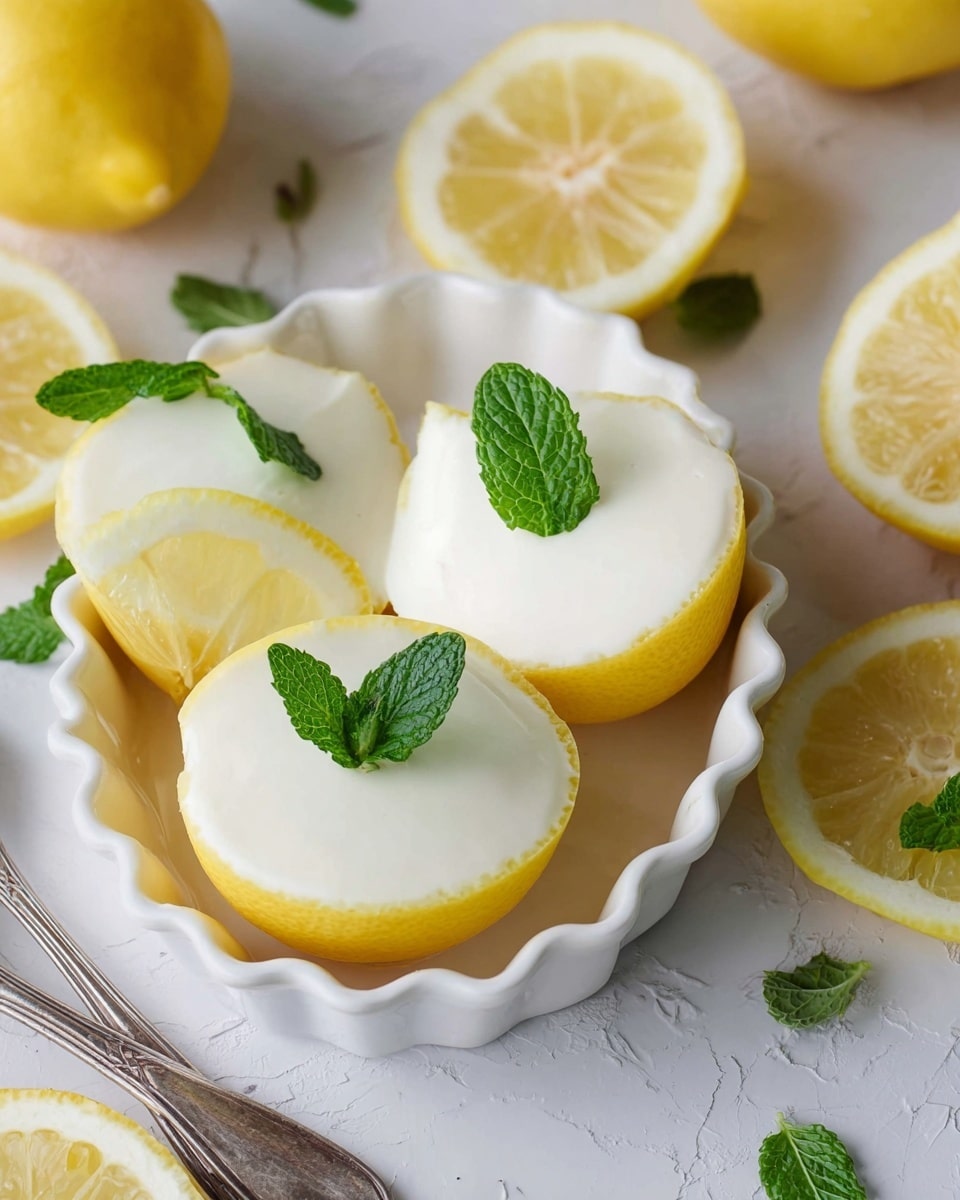 The image shows three lemon halves filled with smooth, creamy white lemon mousse placed inside a white scalloped dish. Each filled lemon half is topped with a fresh green mint leaf, adding a bright contrast to the pale lemon and cream colors. Beneath the lemon halves, there is a lemon slice visible inside the dish, and whole and cut lemons surround the dish on a white marbled surface. The overall look is fresh, light, and inviting, with soft natural lighting highlighting the creamy texture and vibrant colors. Photo taken with an iphone --ar 4:5 --v 7
