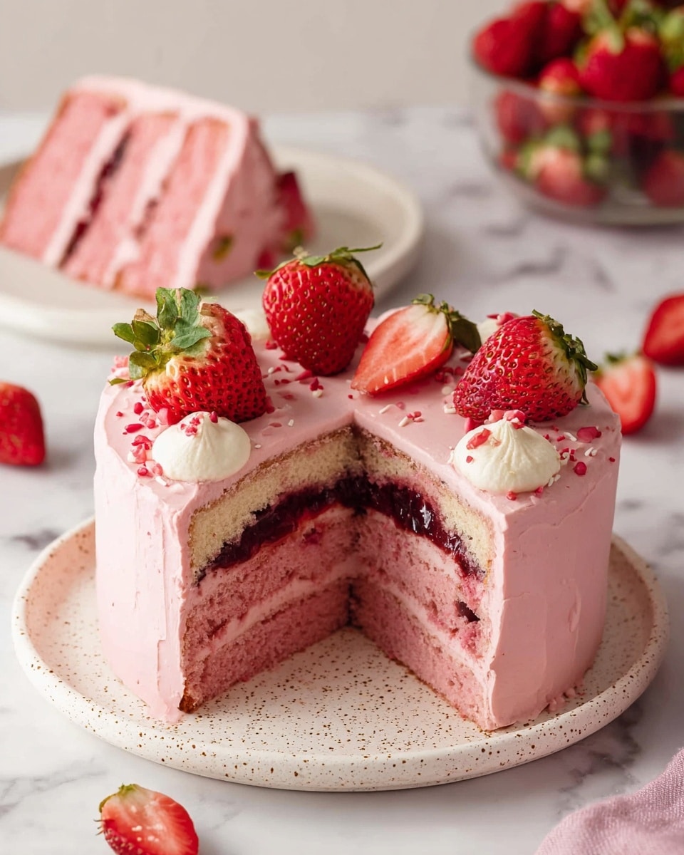 A pink two-layer cake sits on a white plate with a rough brown rim, placed on a white marbled surface. The bottom and top layers of the cake are light pink and soft, with a middle layer of dark red jam. The outside is covered in smooth pink frosting. On top of the cake, there are whole and sliced strawberries with green tops, placed around the edge along with small white dollops of cream and some red sprinkles. In the background, two slices of the same pink cake rest on another white plate, while whole strawberries and pink bowls are also visible. Photo taken with an iphone --ar 4:5 --v 7