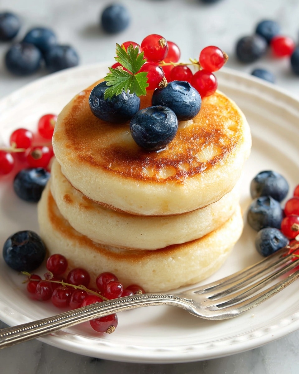 A stack of three thick, golden-brown pancakes sits in the center of a white plate, each pancake fluffy with a soft texture and smooth edges. The pancakes have a light, slightly crisp surface with syrup gently dripping down the sides. On top of the stack are three plump blueberries, one bright red currant, and a small green herb leaf, adding contrasting colors. Around the base of the pancakes on the plate are a few more blueberries, red currants, and tiny green leaves. A silver fork with an ornate handle lies diagonally on the right side of the plate, resting partially on the syrup. The background features a white marbled surface with more scattered berries blurring softly in the distance. Photo taken with an iphone --ar 4:5 --v 7