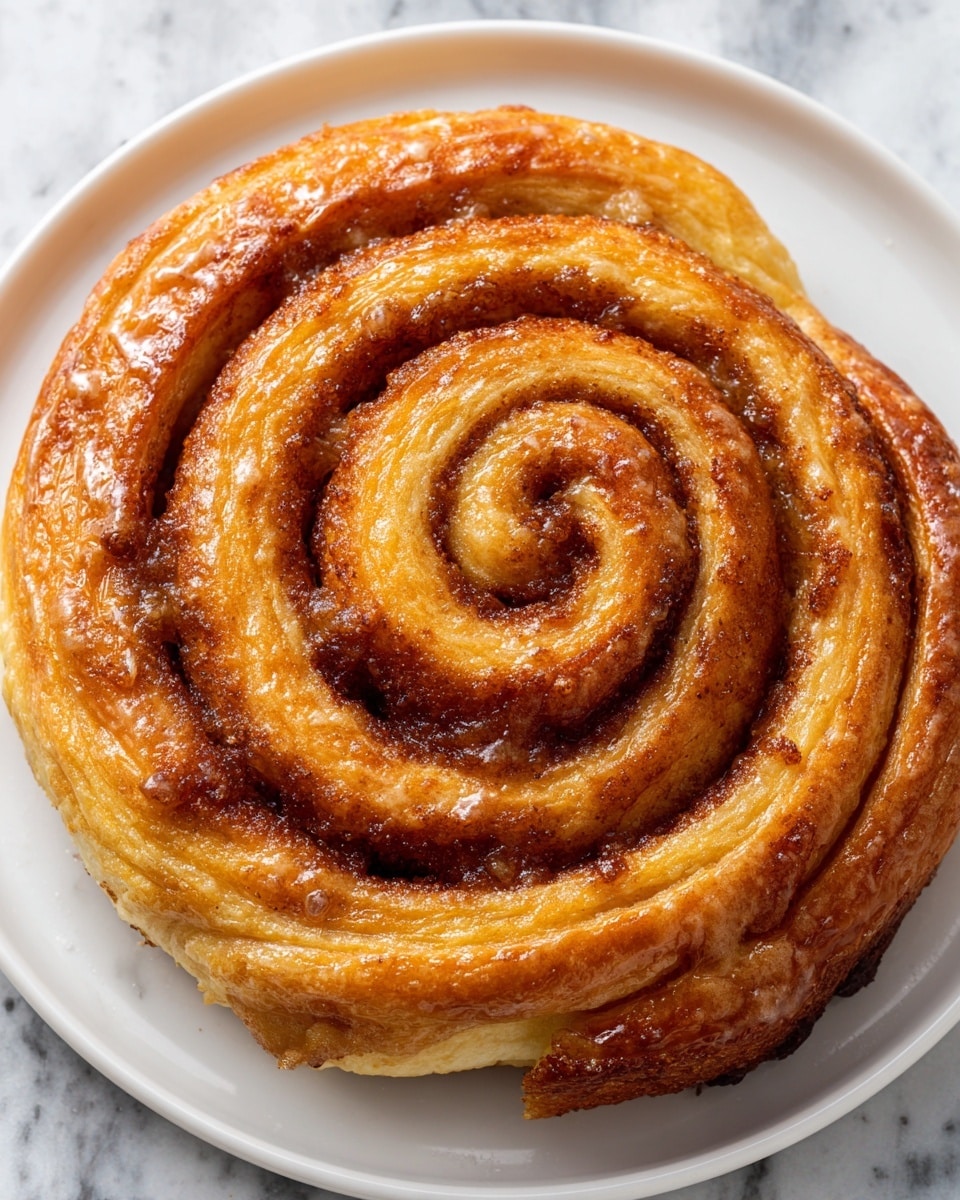 A close-up of a cinnamon roll on a white plate, showing a soft golden-brown dough with a shiny, slightly sticky cinnamon-sugar swirl spiraling from the center to the edges. The texture looks fluffy and light with a thin crust, and the cinnamon layer has a rich brown color that contrasts with the lighter dough. The background is a white marbled texture. Photo taken with an iphone --ar 4:5 --v 7