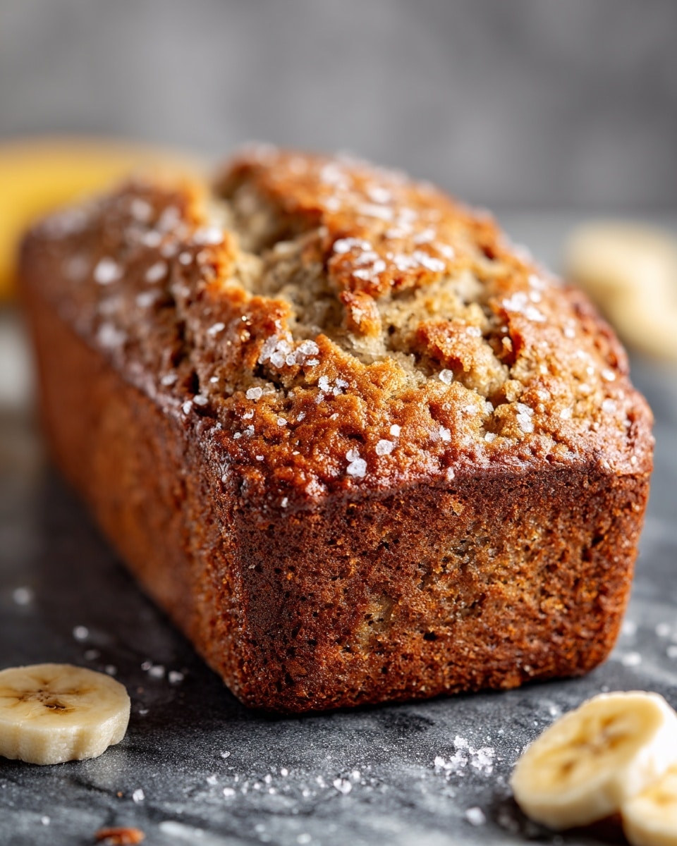 A close-up image of a freshly baked banana bread loaf with a golden-brown crust and a soft, moist inside showing a light tan color speckled with darker bits of banana and cinnamon. The top is cracked in a textured pattern, covered with a light sprinkle of granulated sugar that adds a slight sparkle. The loaf rests on a black board, with a few banana slices and crumbs scattered around, set against a white marbled surface that highlights the warm tones of the bread. The background is softly blurred, keeping the focus on the bread’s detailed texture. photo taken with an iphone --ar 4:5 --v 7
