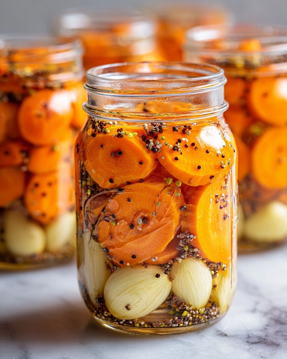 A close-up view of a glass jar filled with small, round orange and light yellow carrots submerged in a clear pickling liquid. The jar is nearly full, showing different sizes of carrots layered evenly inside. Tiny black and white mustard seeds float on the surface and are scattered throughout the liquid, adding texture. The jar sits on a white marbled textured surface, with other similar jars blurred in the background. The scene is warm and inviting with a fresh, homemade look. Photo taken with an iphone --ar 4:5 --v 7