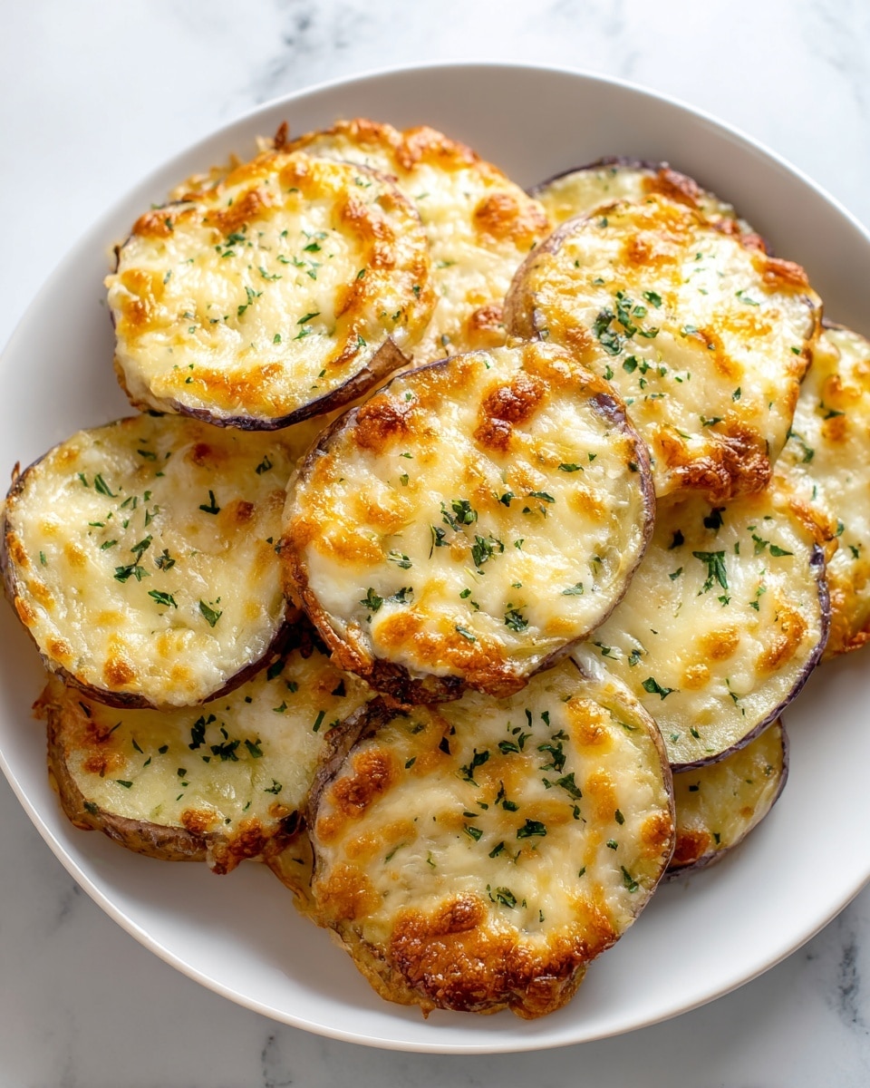 A white plate is filled with round slices of crispy, golden-brown potato chips. Each chip has a melted cheesy layer on top that looks creamy and slightly browned, sprinkled with small green herbs. The potato chips overlap each other, creating a textured pile with some edges curled up, showing a mix of soft and crunchy textures. The surface beneath the plate is a white marbled texture. Photo taken with an iphone --ar 4:5 --v 7