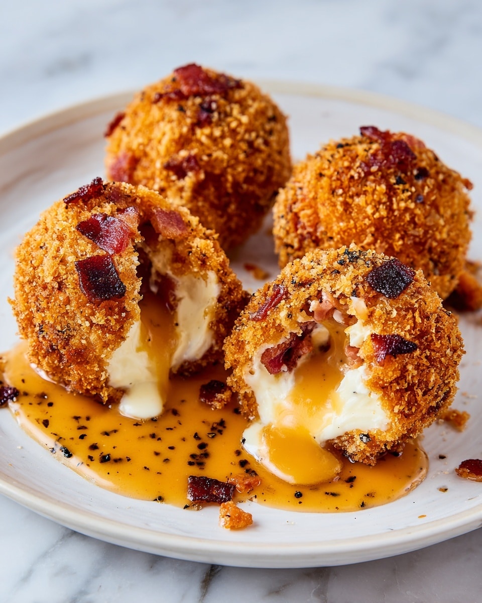 Four round, golden-brown, crispy fried balls are placed on a white plate. Each ball has a rough texture with small pieces of dark red bacon mixed in the coating. One ball is cut open in the front, showing a soft, creamy white filling inside that looks smooth and fluffy, with an orange sauce oozing out and pooling on the plate beneath it. The sauce has a rich, glossy appearance with hints of speckled black seasoning, adding a contrast to the light filling and crispy shell. The plate sits on a white marbled surface. photo taken with an iphone --ar 4:5 --v 7
