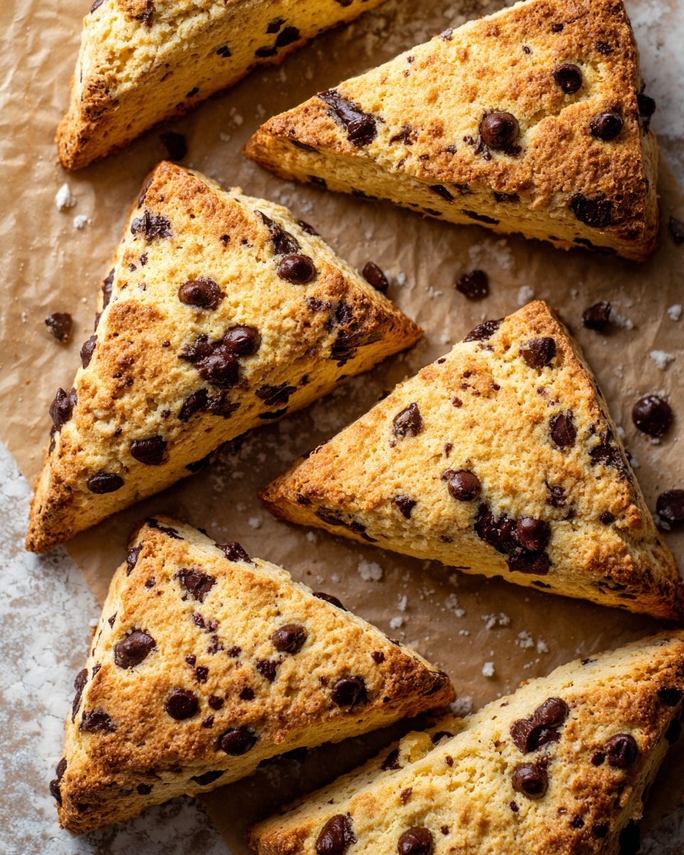 The image shows several triangle-shaped scones with a golden-brown crust loaded with dark brown chocolate chips spread all over their rough-textured surfaces. The scones have a crumbly appearance with light beige dough visible between the chocolate chips. They are placed closely together on a sheet of brown parchment paper, which rests on a white marbled surface. The lighting highlights the crisp edges and soft interior of the scones, making them look fresh and appetizing. Photo taken with an iphone --ar 4:5 --v 7