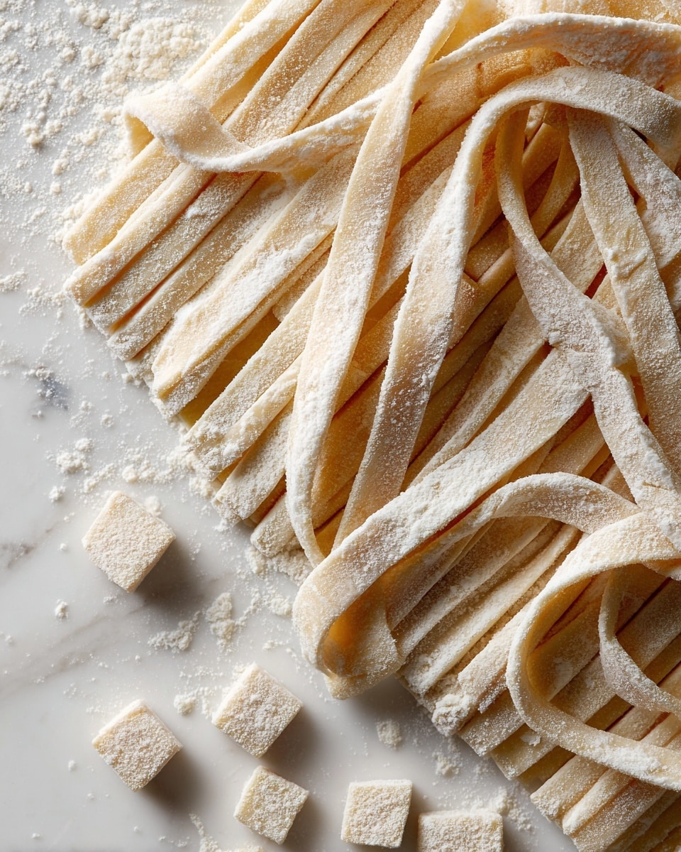 A close-up view of dough rolled thin and cut into many narrow rectangles and small squares on a white marbled surface. The dough is pale with a dusting of flour, giving it a slightly rough, powdery texture. Some small dough pieces are scattered near the edge, showing uneven cuts. The focus is on the orderly lines and slightly uneven edges of the dough strips and squares. photo taken with an iphone --ar 4:5 --v 7