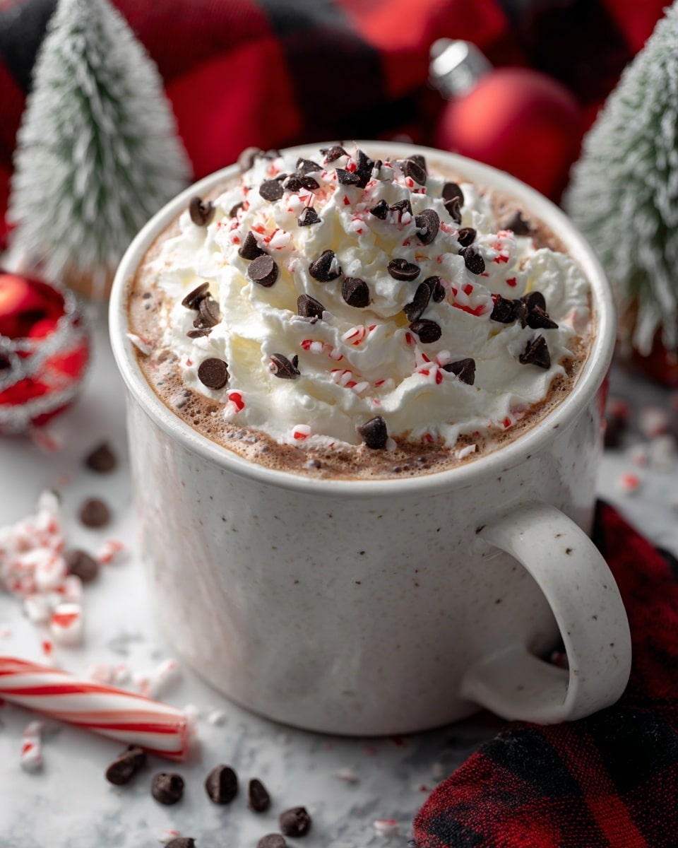 A white mug filled with creamy hot chocolate topped with a thick swirl of white whipped cream covered in small dark chocolate chips and red-and-white crushed peppermint pieces, placed on a white marbled surface scattered with broken peppermint bits, chocolate chips, and a candy cane. Around the mug are blurred red and silver Christmas ornaments and a small frosted pine tree, with part of a red and black checkered cloth visible on the side. photo taken with an iphone --ar 4:5 --v 7