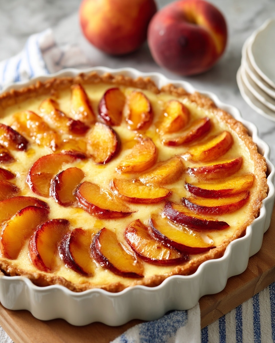 A white ceramic pie dish holds a fruit tart with a single layer of golden-brown crust, thick and crimped around the edge. Inside, there is a smooth, pale yellow custard layer topped with neatly arranged slices of peach. The peach slices are golden orange with red edges, slightly shiny and overlapping in a circular pattern. The pie sits on a wooden board with a white cloth nearby, and two whole peaches can be seen blurred in the background on a white marbled surface. Photo taken with an iphone --ar 4:5 --v 7