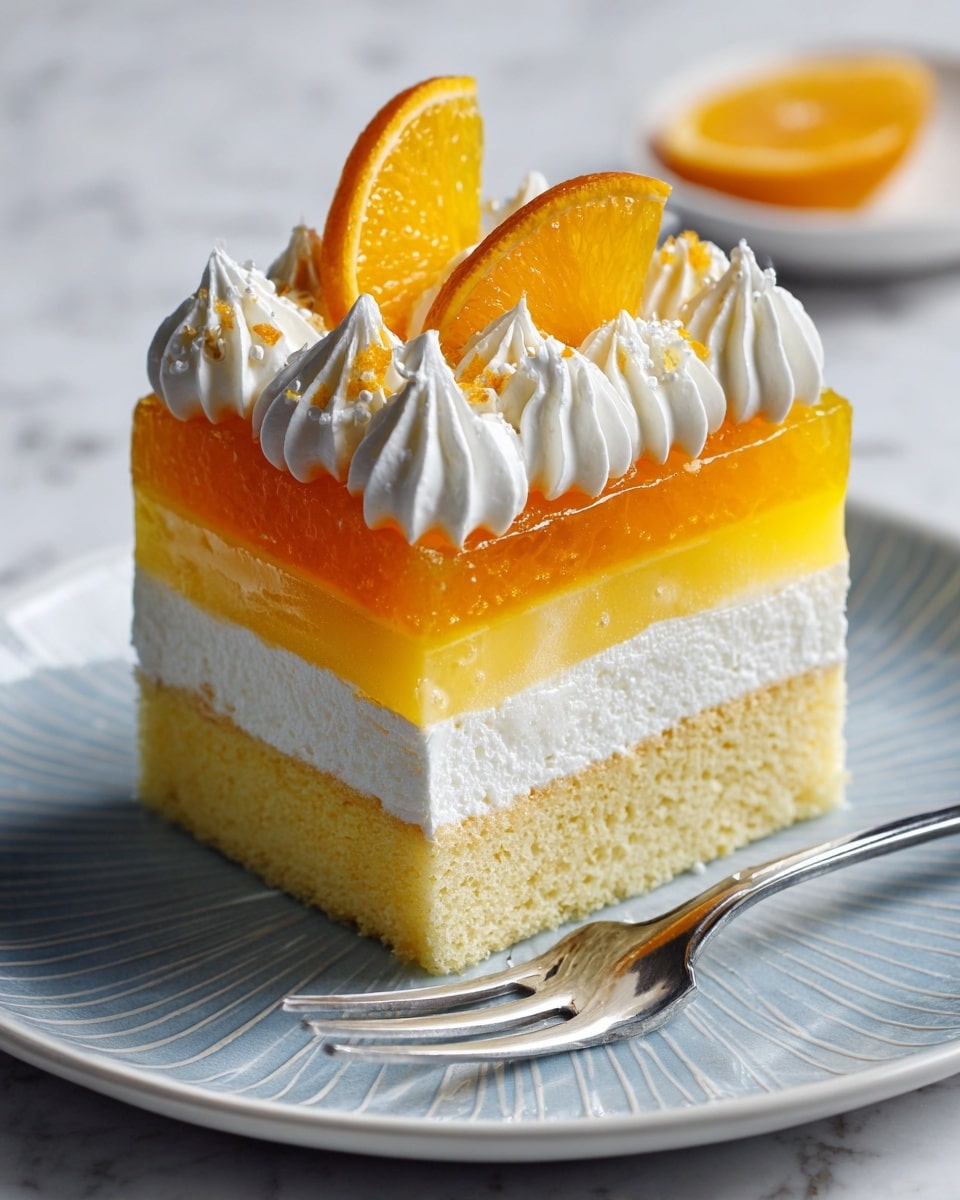 A square piece of cake with four visible layers sits on a white plate with a subtle blue rim pattern, placed on a white marbled surface. The bottom layer is a light golden yellow sponge cake, soft and slightly crumbly. Above it, there is a thick white creamy layer, smooth and fluffy. The next layer consists of a bright orange jelly-like or mousse texture, vibrant and slightly translucent. The top is covered with a final white whipped cream layer, piped with small peaks around the edges. Two thin, round slices of orange sit on top for decoration. A shiny silver fork is placed next to the cake on the plate. photo taken with an iphone --ar 4:5 --v 7