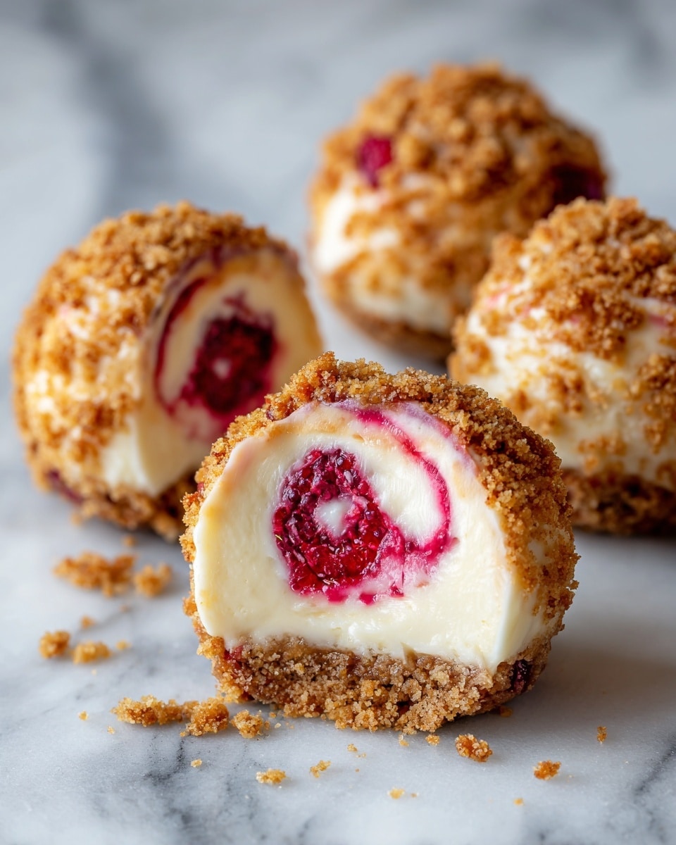 The image shows four small cheesecake balls on a white marbled surface. Each cheesecake ball has a thick crumbly light brown crust at the bottom and is covered with a crumb topping of the same color. The inside of the cheesecake balls is creamy white with a bright red swirl of raspberry sauce running through the center. One cheesecake ball is cut in half, revealing the smooth, creamy filling and the colorful swirl inside. The overall look is soft, crumbly, and rich. Photo taken with an iphone --ar 4:5 --v 7