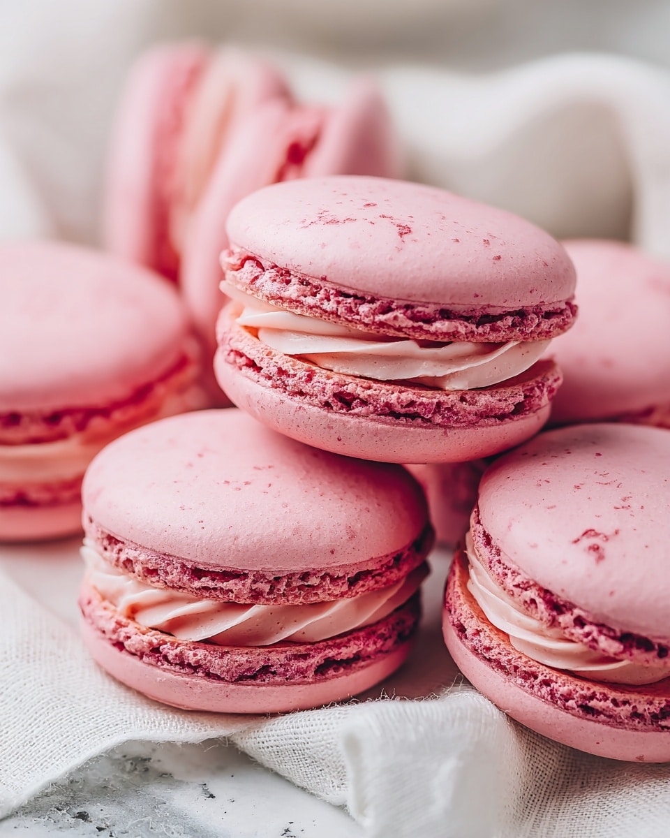 The image shows several pink macarons placed on a white textured cloth over a white marbled surface. Each macaron has two smooth, round, slightly shiny pink shells with a delicate texture, sandwiching a thick layer of lighter pink creamy filling that has a softly whipped, slightly uneven texture. The macarons are arranged casually, with some stacked or leaning against each other, showing the contrast between the smooth shells and the creamy center. photo taken with an iphone --ar 4:5 --v 7