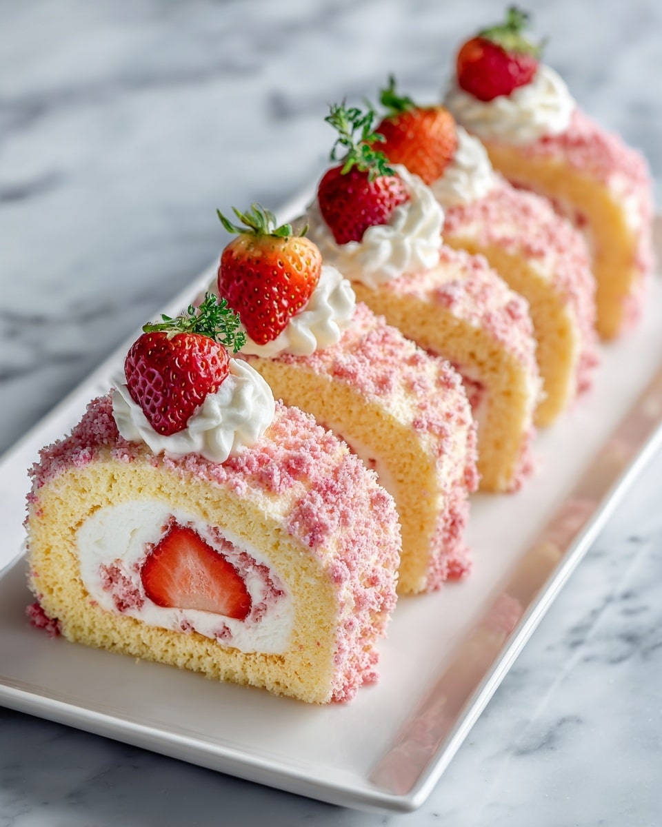 A white rectangular plate holds several slices of a strawberry roll cake arranged in a row. Each slice shows a light yellow sponge cake rolled with a creamy white filling, enclosing a whole fresh strawberry in the center. The outer layer of the roll is coated with pink crushed crumbs, giving a rough texture. On top of each slice, there is a small dollop of white cream with a fresh strawberry piece and a tiny green herb leaf for decoration. The background is a white marbled surface. Photo taken with an iphone --ar 4:5 --v 7