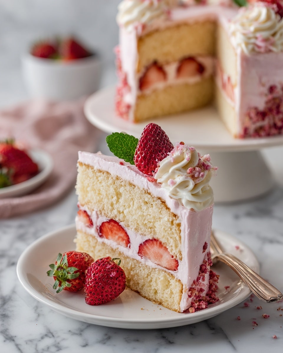 A slice of two-layer vanilla sponge cake with light pink strawberry cream filling between the layers, visible slices of strawberry inside the cream layer, and coated evenly in the same pink cream. The top is decorated with a whole fresh strawberry, a small swirl of pink cream, a sprig of green mint, and scattered red crumb bits. The cake slice is placed on a white plate with a halved strawberry next to it, resting near a silver fork. In the background, a whole matching cake sits on a white stand. The setting includes a white marbled texture surface. Photo taken with an iphone --ar 4:5 --v 7