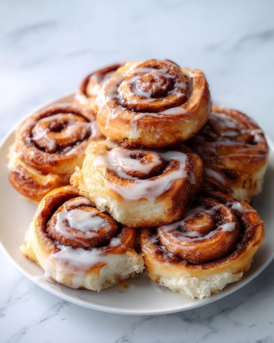 A plate holds six cinnamon rolls stacked close to each other in a loose pile, each roll showing a spiral of golden-brown dough layered with dark cinnamon sugar, topped with smooth, white icing drizzled unevenly across the top. The rolls have a soft, fluffy texture with slightly crisp edges. The plate is white, resting on a white marbled surface. photo taken with an iphone --ar 4:5 --v 7