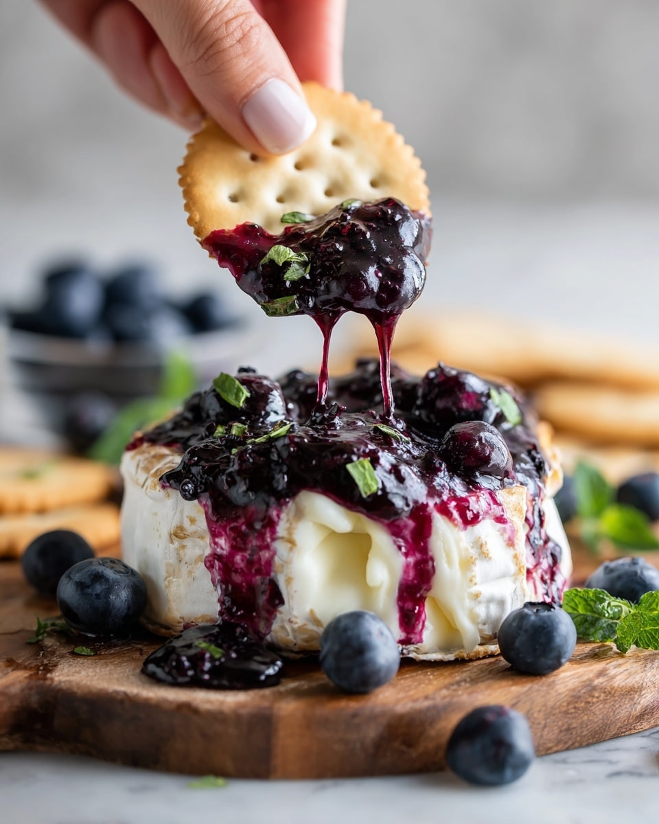 The image shows a close-up of a melted cheese dish with wild blackberries and blueberries mixed into the gooey white cheese, which looks creamy and soft. The cheese is spread out on a wooden board with some red berry juice staining the surface beneath it. On top of the cheese layer, there are dark purple and black berries scattered throughout, adding a mix of colors and textures. A woman's hand is holding a round, pale golden cracker that is dipped into the cheese and berries, pulling up some gooey cheese with a couple of berries stuck to it. The whole scene sits on a white marbled texture, adding a clean and bright look to the image. photo taken with an iphone --ar 4:5 --v 7