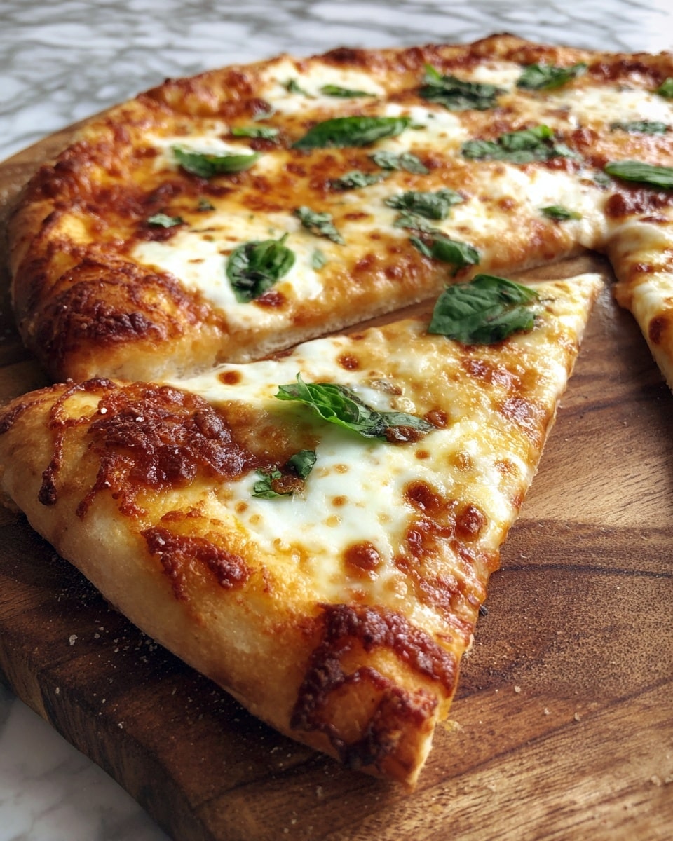 A close-up view of a freshly baked pizza with a golden-brown, thick crust that is crispy and slightly bubbly around the edges. The first layer is a light, slightly charred tomato sauce spread evenly beneath a layer of melted, browned mozzarella cheese with patches of gooey white cheese sitting on top. Scattered over the cheese are small, torn pieces of fresh green basil, adding a pop of color and fresh texture. The pizza rests on a wooden surface, and the background is a white marbled texture. Photo taken with an iphone --ar 4:5 --v 7