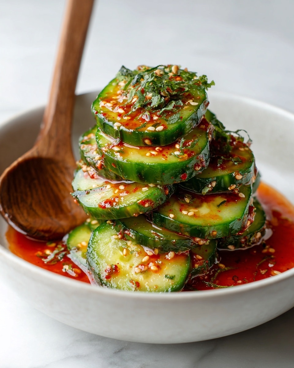 The image shows a close-up of a pile of sliced cucumbers mixed with chili flakes and sesame seeds, with small pieces of garlic and green herbs sprinkled throughout. The cucumber slices are bright green with a glossy texture, coated in a rich, reddish-orange spicy sauce that pools slightly underneath. The mix is held up by a woman's hand with a wooden spoon visible to the right side. The surface beneath is a white plate on white marbled texture. The whole scene has a fresh and spicy look. photo taken with an iphone --ar 4:5 --v 7