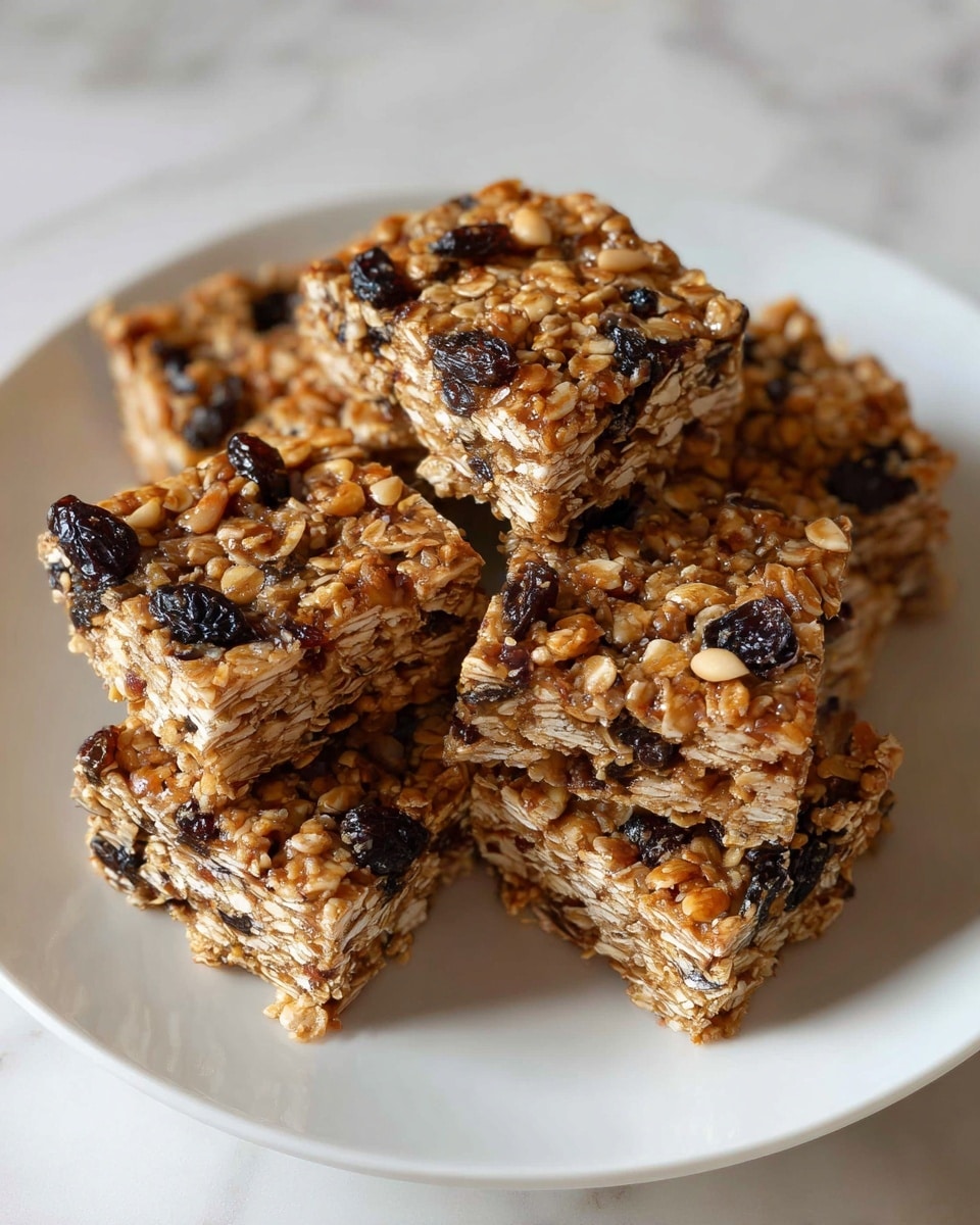 The image shows several square oat bars arranged neatly on a white rectangular plate. Each bar has visible layers: the top layer is golden brown with a mixture of oats and lightly crunchy nuts, and the middle layer appears dense, slightly darker with soft, chewy textures and small dark bits, likely dried fruit or chocolate chips. The bars are thick and have clean, sharp edges. The background is a white marbled surface, giving a clean and bright look to the scene. Photo taken with an iphone --ar 4:5 --v 7