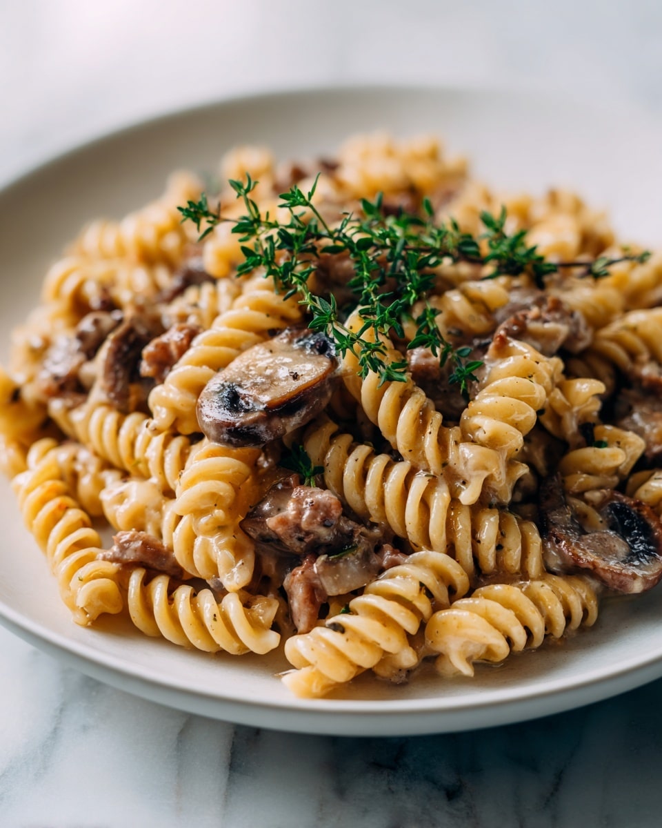 The image shows a close-up view of a white plate filled with creamy rotini pasta mixed with sliced mushrooms and small pieces of herbs on top. The pasta is coated in a light brown sauce that looks smooth and rich, with mushrooms sitting visibly on the top layer, giving texture to the dish. The plate rests on a white marbled surface, creating a clean, bright background. The lighting highlights the glossy and creamy texture of the sauce and the fresh look of the herbs. Photo taken with an iphone --ar 4:5 --v 7