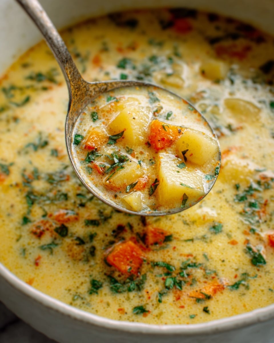 A close-up image shows a white bowl filled with creamy soup that has a thick texture and is light yellow in color. The soup contains small cubes of yellow potatoes, bits of green herbs, and pieces of orange carrots floating evenly throughout. A metal ladle is lifting some soup from the bowl, showing the chunky ingredients clearly. The surface under the bowl is a white marbled texture. The overall scene looks warm and inviting, with natural lighting highlighting the soup's creamy texture and fresh vegetables. Photo taken with an iphone --ar 4:5 --v 7