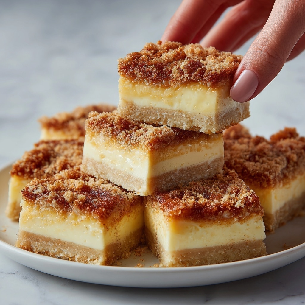 The image shows several square pieces of crumb cake stacked on a white plate. Each piece has two main layers: a thick, light yellow cake base topped with a rough, crumbly layer of cinnamon sugar and streusel with a golden brown color, creating a textured and crunchy look. The crumb topping is uneven and generously sprinkled over the cake, giving it a rich, sweet appearance. The white plate sits on a white marbled surface, and the photo is taken in close-up, filling the frame with the cake pieces. Photo taken with an iphone --ar 4:5 --v 7