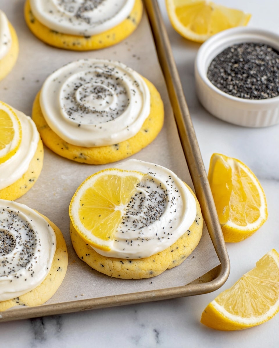 Four round lemon cookies are placed on a parchment-lined silver tray. Each cookie has a yellowish base layer with a soft texture, topped with a thick swirl of white creamy frosting. The frosting is sprinkled with small black poppy seeds and finished with a thin lemon slice positioned on one side. The tray sits on a white marbled surface scattered lightly with poppy seeds and small specks of brown. In the top left corner, part of a white plate with more lemon slices is visible, along with two lemon slices resting directly on the surface near the tray. A small white bowl filled with more poppy seeds is located to the right. Photo taken with an iphone --ar 4:5 --v 7