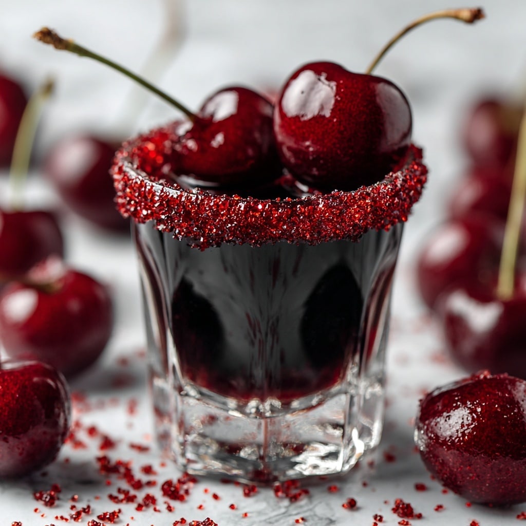 A clear glass shot glass has a rim covered with red sugar crystals, filled with a dark red liquid, looking thick and shiny. On top, two bright red cherries with green stems rest side by side, slightly leaning together. Around the glass, several shiny red cherries are scattered on a white marbled surface. The background is softly blurred with more red cherries visible. The image focuses on the rich red colors and textured details of the sugar, liquid, and cherries. Photo taken with an iphone --ar 4:5 --v 7