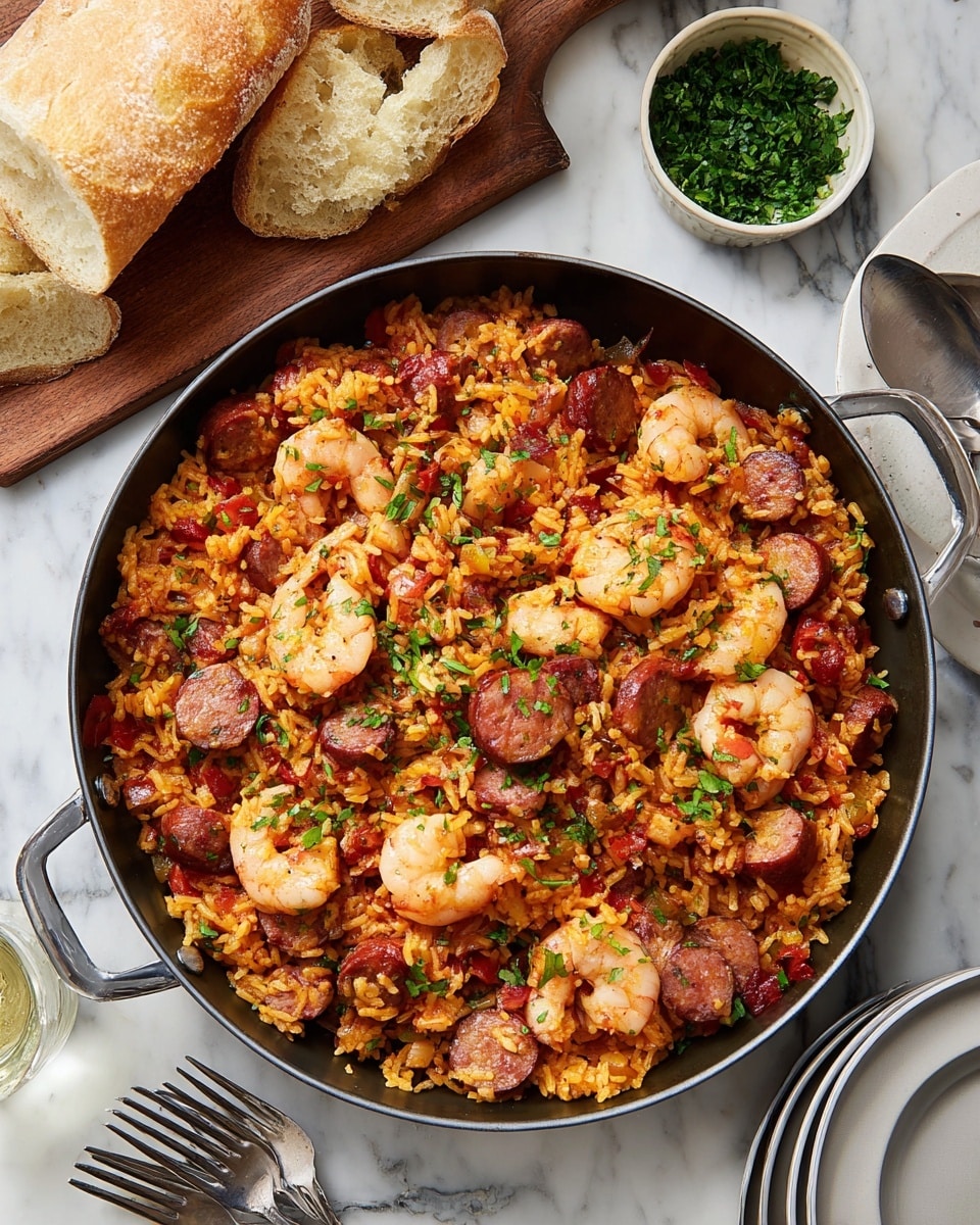 A large black skillet filled with a colorful mix of shrimp, sliced sausage, and seasoned rice with bits of red bell pepper and herbs scattered on top. The shrimp are pink and plump, spread evenly across the top layer along with browned sausage slices. The rice has an orange tint and a slightly moist texture, with small green herb pieces sprinkled throughout. Next to the skillet, there is a wooden board holding a torn piece of crusty bread and a small white bowl with chopped green herbs. The scene is set on a white marbled surface, with a pale green plate and two forks beside the skillet. Photo taken with an iphone --ar 4:5 --v 7