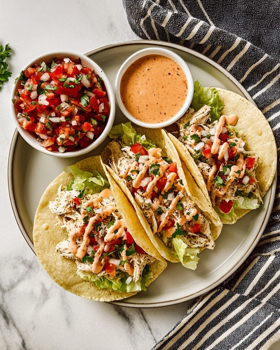 Three soft tortillas sit on a large white plate, each folded slightly and filled with layers of bright green lettuce, chopped red tomatoes, shredded white chicken pieces, and a drizzle of light brown sauce with visible black pepper. Beside the tortillas on the plate is a small white bowl filled with a mix of diced red tomatoes, white onions, and green herbs. Around the plate are two small white bowls, one with a creamy orange sauce and the other with a yellow sauce. The dishes rest on a white marbled surface with a black and white striped cloth beneath part of the plate. Photo taken with an iphone --ar 4:5 --v 7