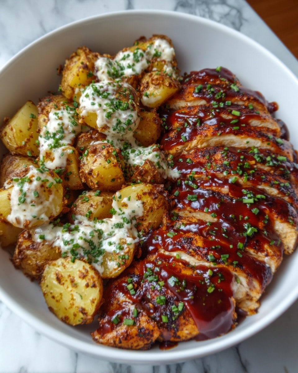A white bowl filled with two main layers; on one side, golden brown roasted potato pieces topped with white creamy sauce and chopped green herbs, showing a textured crispy surface; on the other side, grilled chicken pieces with a shiny, deep red-brown barbecue glaze and scattered green herbs, visible juicy and tender texture. The bowl rests on a white marbled surface. Photo taken with an iphone --ar 4:5 --v 7