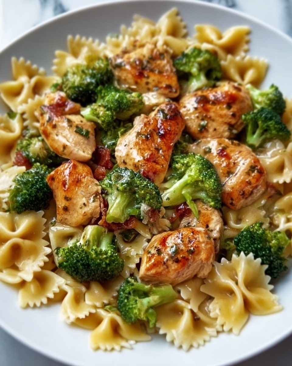 This image shows a dish with three main layers on a white plate. The bottom layer is a bed of yellow bow-tie pasta with a smooth texture. On top of the pasta, there are bright green broccoli florets placed evenly. The top layer consists of browned grilled chicken pieces with visible grill marks and seasoning, scattered over the broccoli and pasta. The whole dish has a slight shine, showing a light sauce coating. Photo taken with an iphone --ar 4:5 --v 7