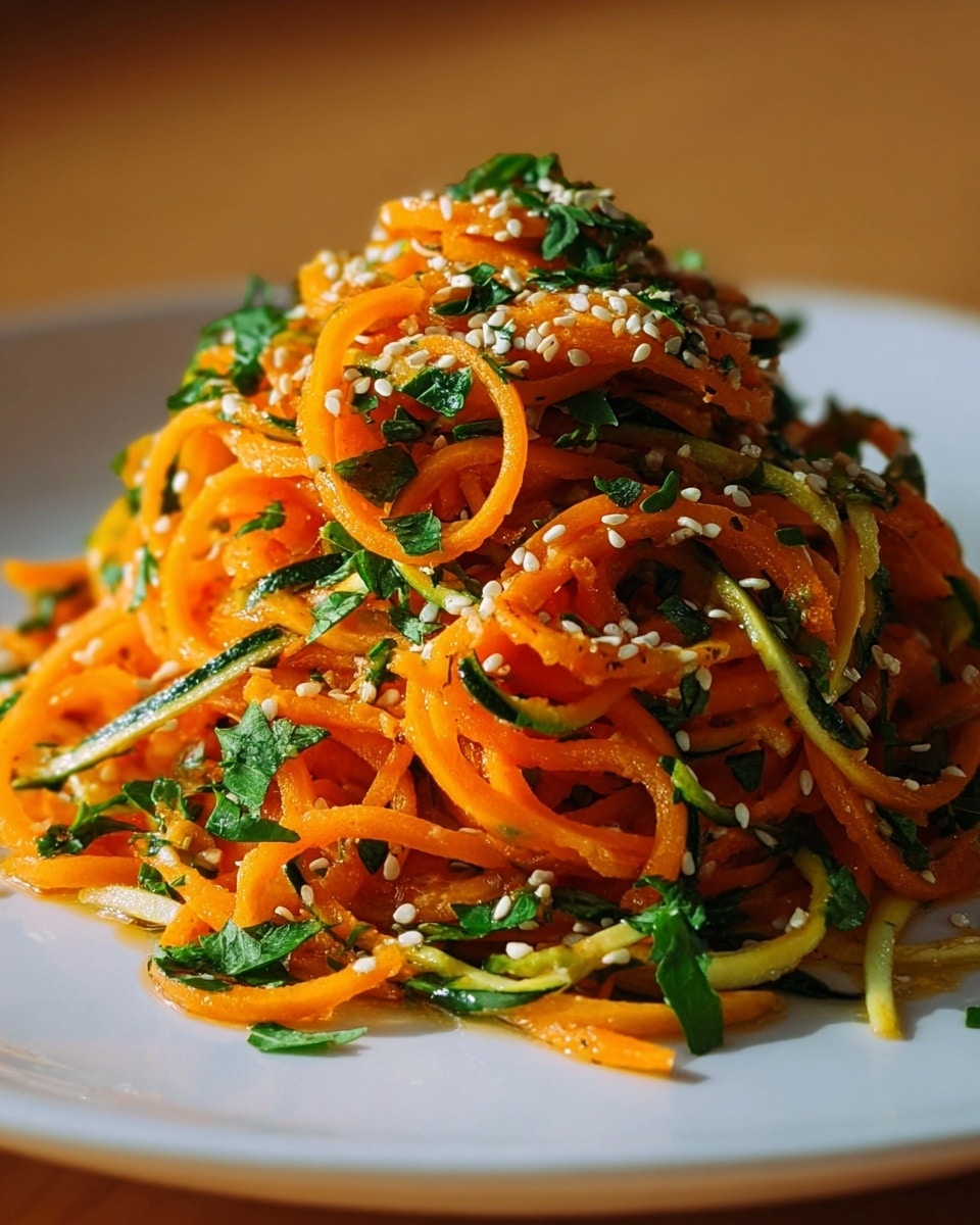 A close-up of a white plate with a colorful spiralized carrot and zucchini salad piled in the center. The orange carrot strands form the main base, intertwined with thinner green zucchini strips, both glistening lightly with dressing. Scattered over the top are small green leaves of fresh parsley and sprinkled white sesame seeds, adding texture and contrast. The bright natural light highlights the freshness and moist shine of the vegetables on the white marbled background. Photo taken with an iphone --ar 4:5 --v 7