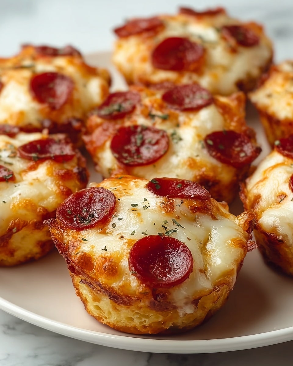 The image shows a close-up of small pizza muffins on a white plate set against a white marbled background. Each muffin has three clear layers: the bottom crust is golden and baked, the middle layer has a thick, shiny red tomato sauce mixed with melted cheese, and the top layer is covered with bubbly, melted white mozzarella cheese with slightly browned edges. On top of the cheese, there are several round, reddish-brown slices of pepperoni, and some green dried herbs are scattered over the muffins for garnish. The muffins have a soft and slightly crispy texture around the edges, creating a warm, inviting look. Photo taken with an iphone --ar 4:5 --v 7