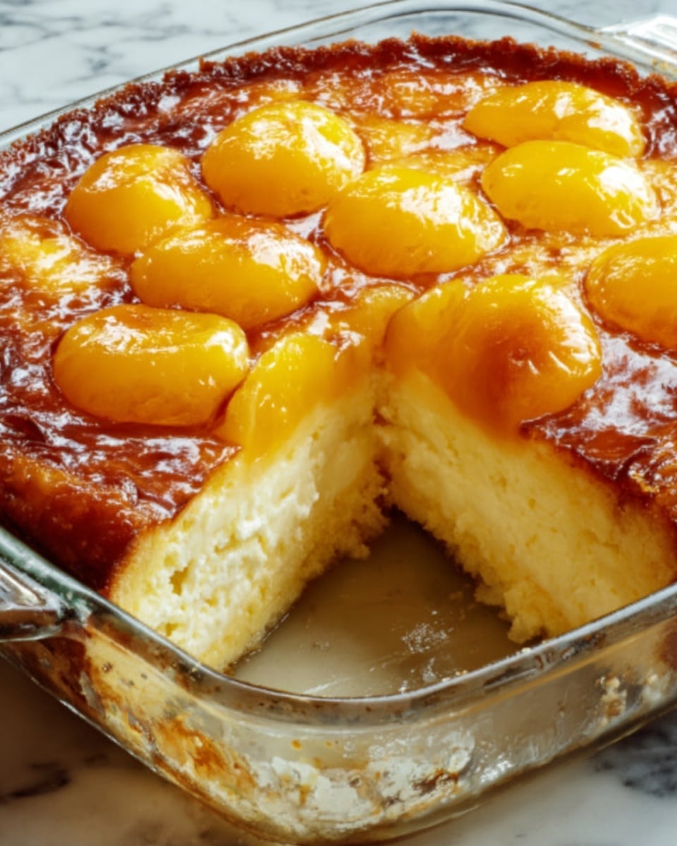 A glass baking dish filled with a golden brown baked dessert that has a soft and fluffy texture. The top layer is slightly caramelized with a glossy finish, featuring slices of yellow fruit arranged evenly across the surface. The inside visible through a missing piece shows a pale, creamy, and airy cake layer below the fruit topping. The dish is placed on a white marbled surface. Photo taken with an iphone --ar 4:5 --v 7