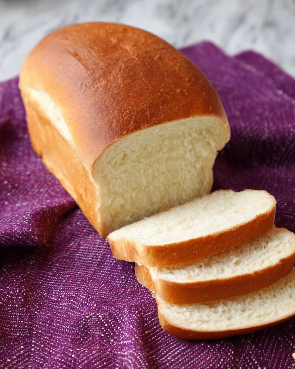 A loaf of soft bread with a shiny, light brown crust on top and light beige, fluffy inside is placed on a purple textured cloth. Three slices are cut from the loaf and lie stacked slightly uneven on a white marbled surface. The bread has a smooth, slightly cracked crust with a soft, airy texture inside. The colors are warm and natural, with the brown crust contrasting the pale interior. Photo taken with an iphone --ar 4:5 --v 7