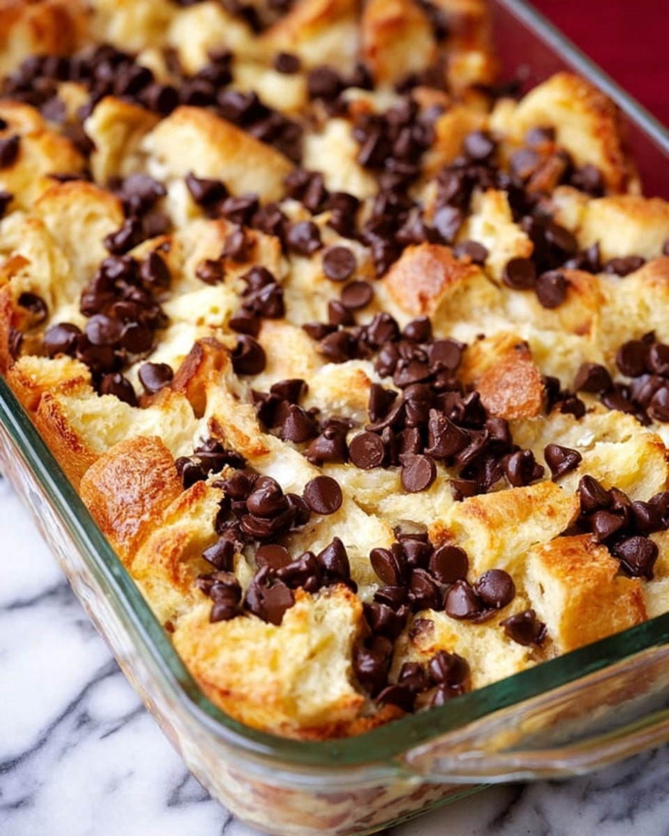 The image shows a close-up of a baked dish in a clear glass rectangular baking dish resting on a white marbled surface. The dish is made of torn pieces of golden-brown bread layered throughout, with a generous sprinkle of glossy, dark brown chocolate chips evenly scattered on top, slightly melting. The bread pieces have a fluffy texture with crisp edges, and the chocolate chips add a rich, textured contrast. The colors of the bread and chocolate create a warm and inviting look, filling the entire dish without distinct layers visible underneath. Photo taken with an iphone --ar 4:5 --v 7