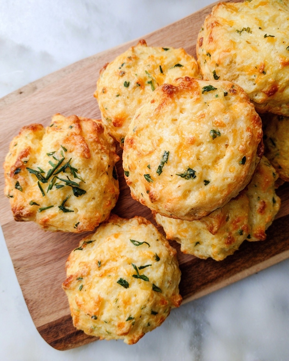 A close-up view of six cheesy biscuits placed on a wooden board. Each biscuit is round and puffed, with a golden-yellow top that has a slightly crispy texture and melted cheese patches. Green herbs are sprinkled all over the biscuits, adding a fresh touch, and bits of cheese are visibly embedded in the dough. The wooden board rests on a white marbled surface, highlighting the warm colors of the biscuits. photo taken with an iphone --ar 4:5 --v 7