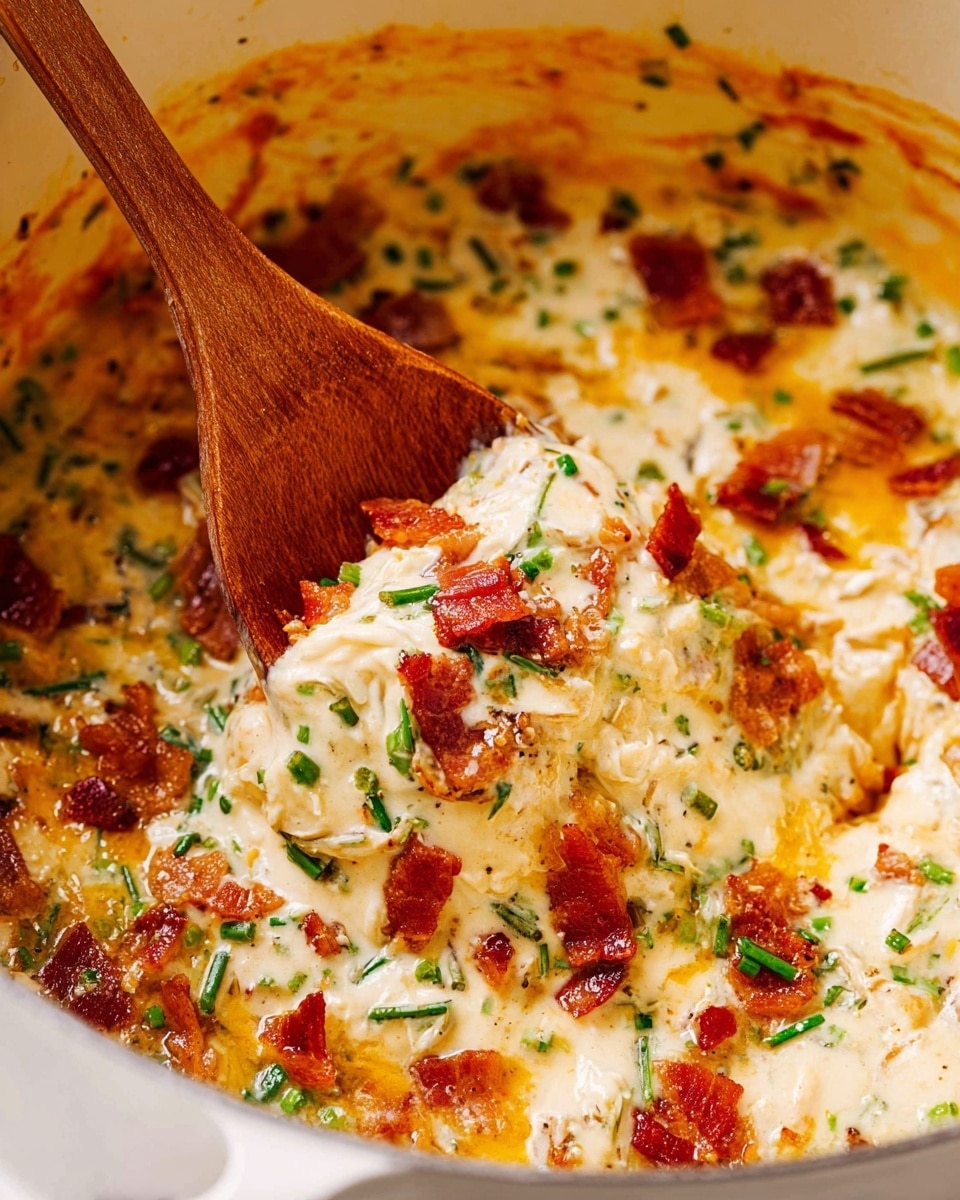 The image shows a pot filled with a creamy mixture that has a soft texture with melted bright orange cheese spread evenly over it. On top of the cheese, there are crispy bits of reddish-brown bacon scattered all over, along with chopped green onions adding a fresh green color contrast. The mixture appears rich and thick, with small pieces of white chicken or similar meat visible beneath the cheese and bacon. A wooden spoon is scooping up part of the dish from the bottom left corner of the pot, slightly lifting the layers. The inside of the pot is stained with food marks, showing it was cooked well. The background is a white marbled texture. photo taken with an iphone --ar 4:5 --v 7