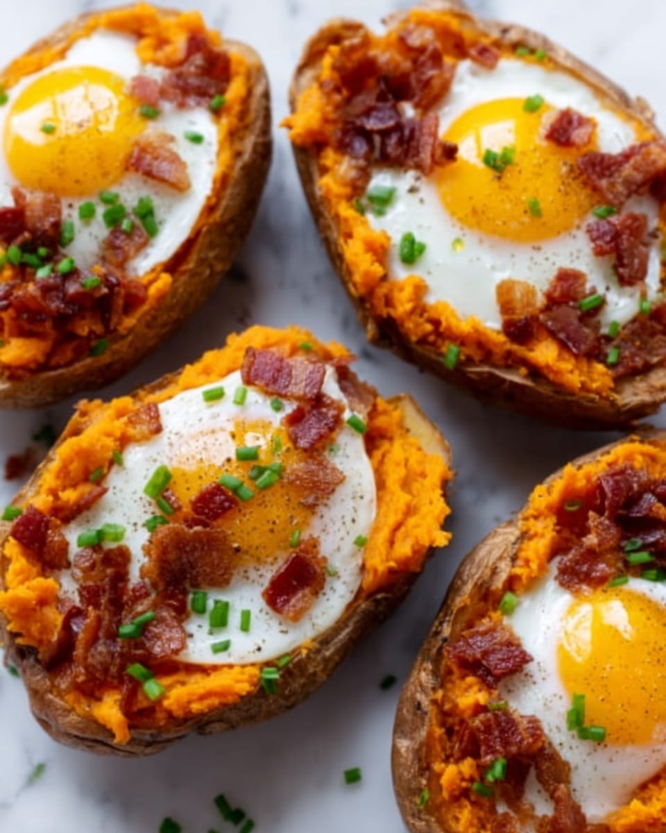 Four baked potato skins filled with mashed sweet potato form the base layer with bright orange color and soft texture. Each potato skin has a cooked egg on top with a slightly runny yellow yolk and white edges. Small pieces of crispy bacon are scattered over the eggs, adding a reddish-brown crunchy layer. Finely chopped green chives are sprinkled on top for contrast and a fresh touch. The potato skins are arranged closely together on a white marbled surface. Photo taken with an iphone --ar 4:5 --v 7