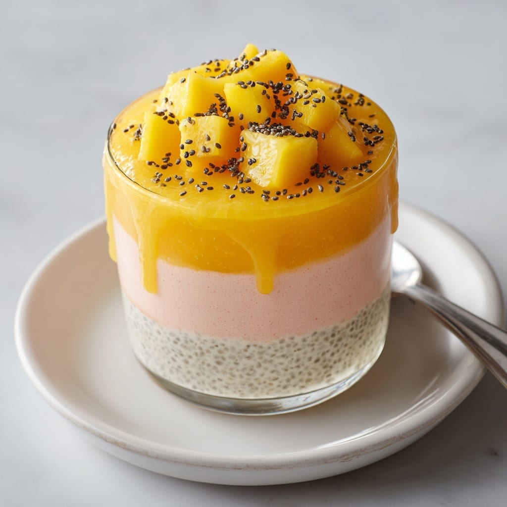 A clear glass cup shows three main layers: the bottom layer is creamy and pale pink, smooth in texture; the middle layer is thick and bright yellow-orange, slightly dripping down the sides; the top layer consists of small, bright yellow diced mango pieces sprinkled with black chia seeds. The cup sits on a white plate, placed on a white marbled surface. Photo taken with an iphone --ar 4:5 --v 7