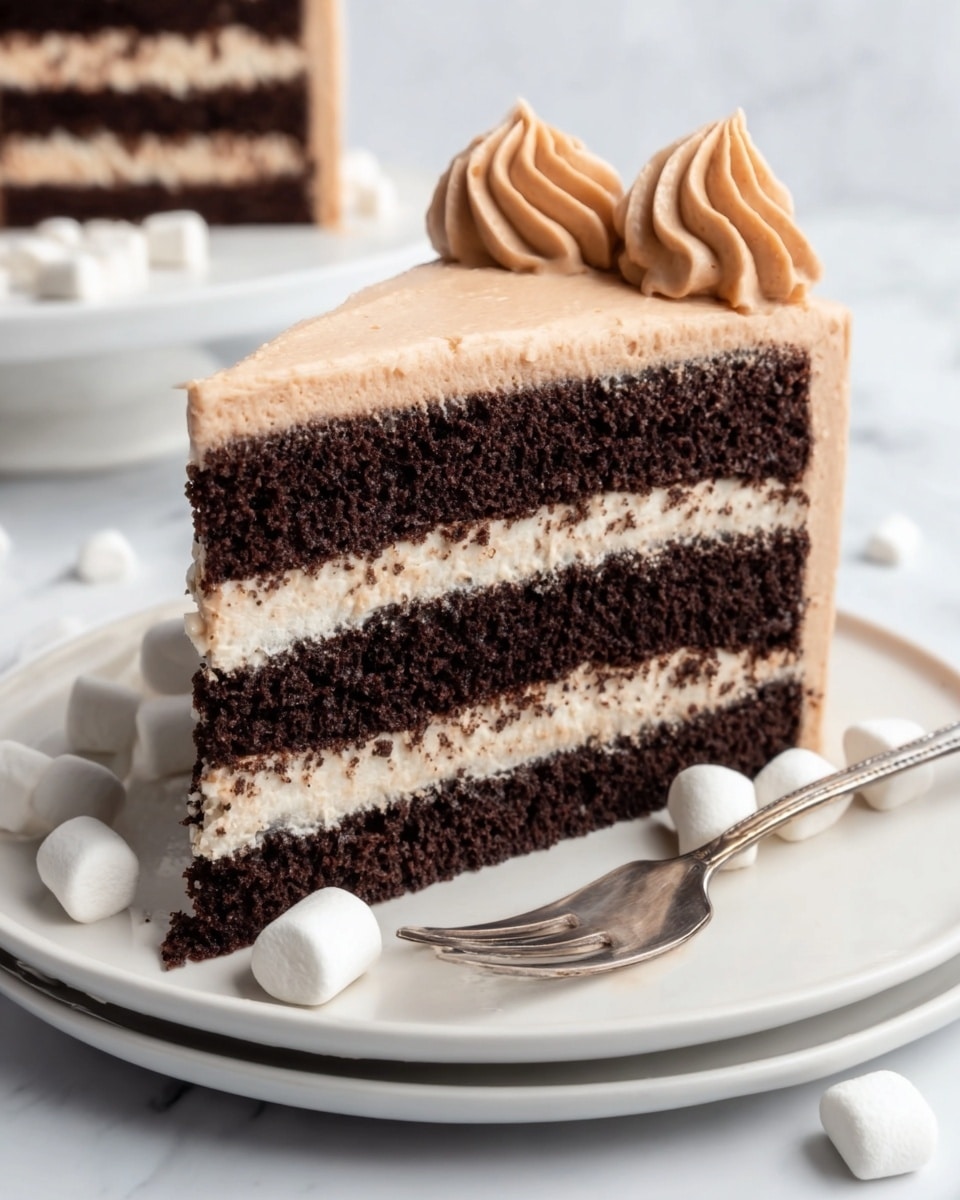 A slice of cake with four layers of dark brown chocolate sponge separated by three thick layers of smooth light brown frosting. The cake is covered with the same light brown frosting and has small swirls of frosting on top. It sits on a white plate with a silver fork resting beside it. Small white marshmallows are scattered around the plate on a white marbled surface. photo taken with an iphone --ar 4:5 --v 7