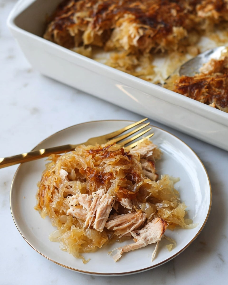 The image shows a white plate with a serving of baked dish consisting of shredded cooked chicken on top of a layer of translucent, golden-brown sauerkraut. The chicken is tender and slightly browned. Behind the plate is a white baking dish filled with more of the chicken and sauerkraut mix, with a gold fork resting inside the dish. The scene is set on a white marbled surface. photo taken with an iphone --ar 4:5 --v 7
