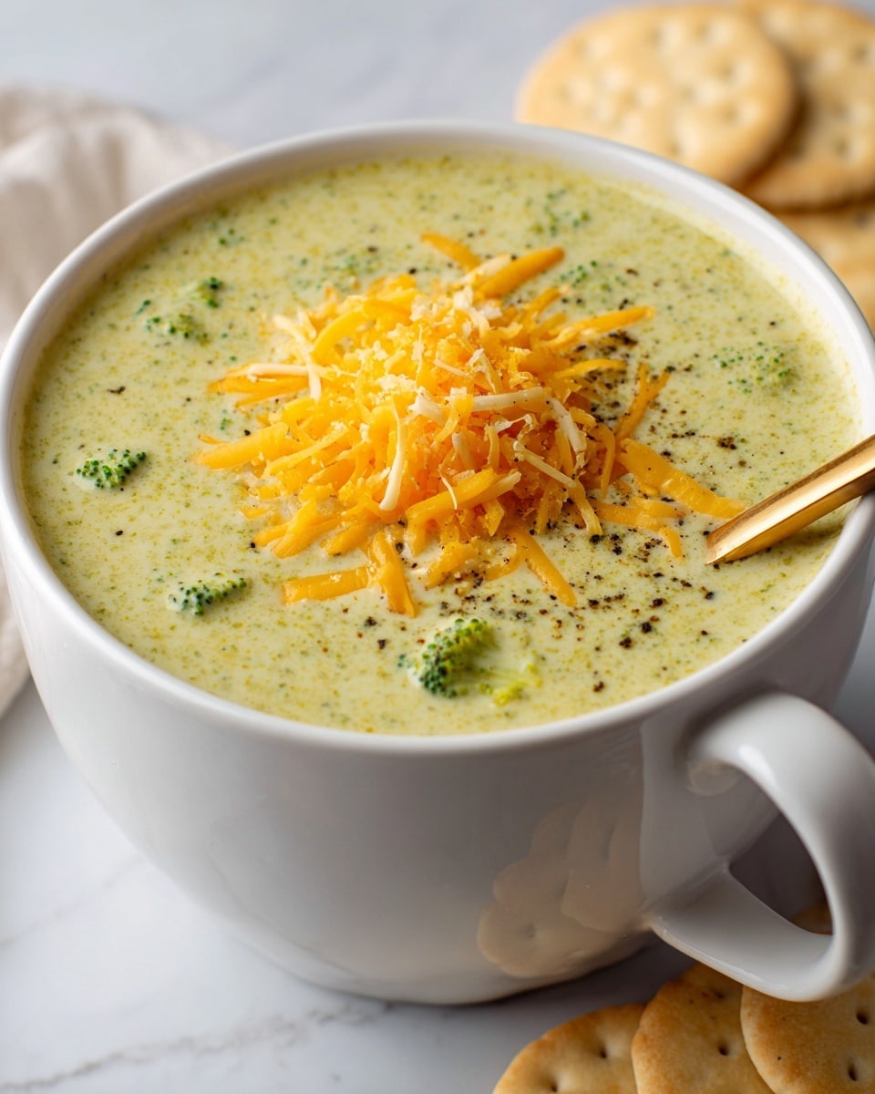 A white cup filled with creamy light green broccoli cheese soup topped with shredded yellow and white cheese in the center, speckled with black pepper and small broccoli pieces visible in the soup, a golden spoon placed inside the cup on the right side, all set on a white marbled surface with some blurred crackers in the background photo taken with an iphone --ar 4:5 --v 7