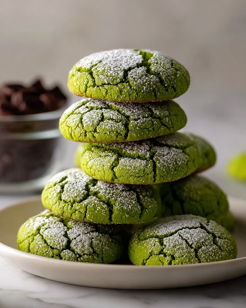 A stack of green crinkle cookies sits on a round white plate, each cookie covered in a cracked pattern of white powdered sugar on top. The cookies have a dense texture and are piled closely together, showing their slightly rounded shape and deep green color beneath the sugar. Behind the plate, a blurred bowl containing dark chocolate chips is visible, all set against a white marbled surface. photo taken with an iphone --ar 4:5 --v 7
