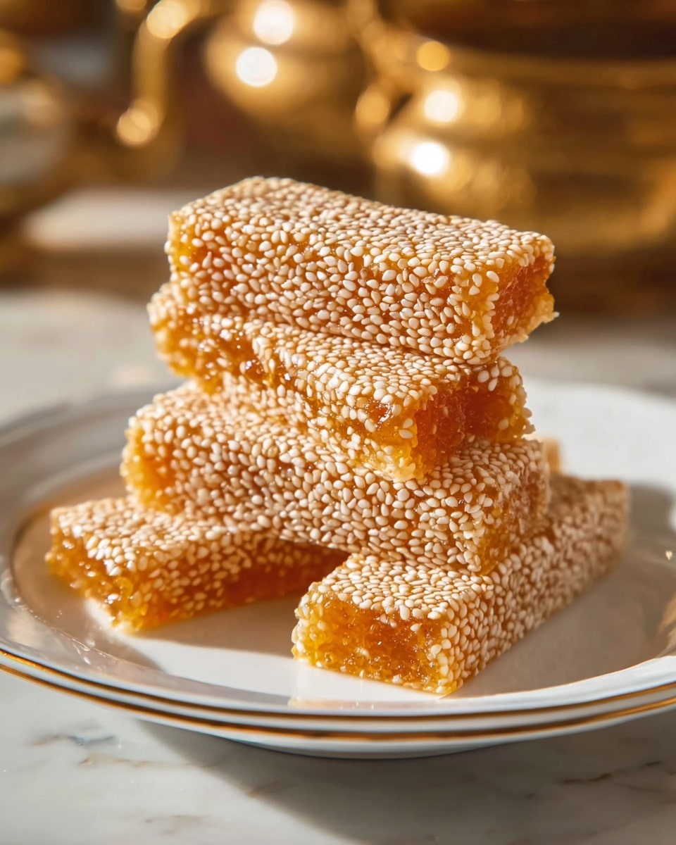 The image shows a stack of six rectangular sesame bars placed neatly on a white plate with a slightly scalloped edge and gold rim. Each bar is golden brown with a rough texture, covered all over with a dense layer of small white sesame seeds. The bars are stacked in two layers: three bars lie flat on the plate as the bottom layer, and three bars rest on top, positioned slightly askew to show the bars' thickness and dense texture. The plate sits on a surface with a white marbled texture, and the background is softly blurred with warm tones, highlighting the bars sharply in the foreground. photo taken with an iphone --ar 4:5 --v 7