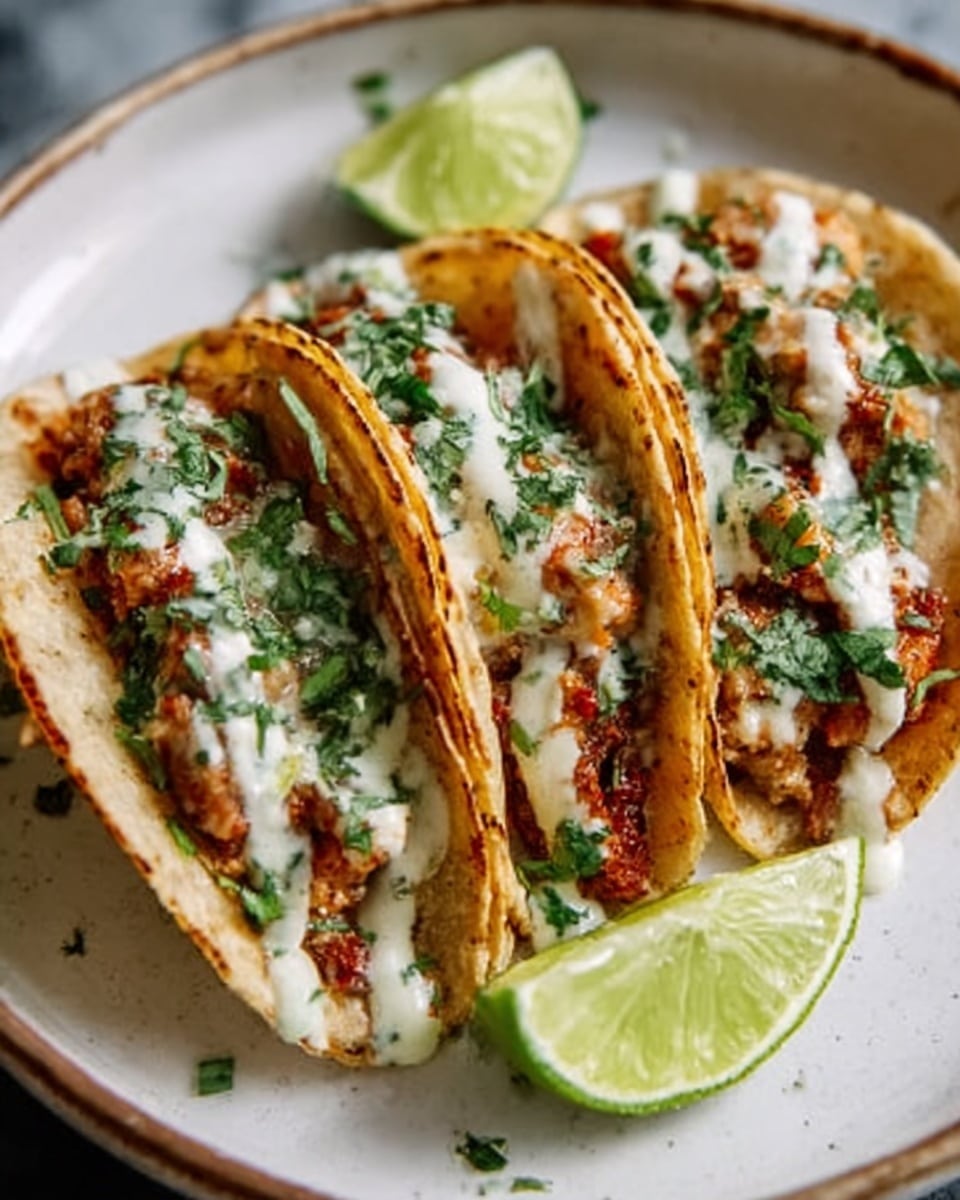 The image shows three small tacos arranged closely on a white plate with a light gray rim, placed on a white marbled surface. Each taco has a soft, light yellow corn tortilla shell filled with a layer of cooked ground meat, topped with white creamy sauce spread unevenly, and small green chopped herbs scattered over the sauce. A wedge of green lime is on the side of the plate. The colors include golden yellow from the shells, brown from the meat, white from the sauce, and green from the herbs and lime. Photo taken with an iphone --ar 4:5 --v 7
