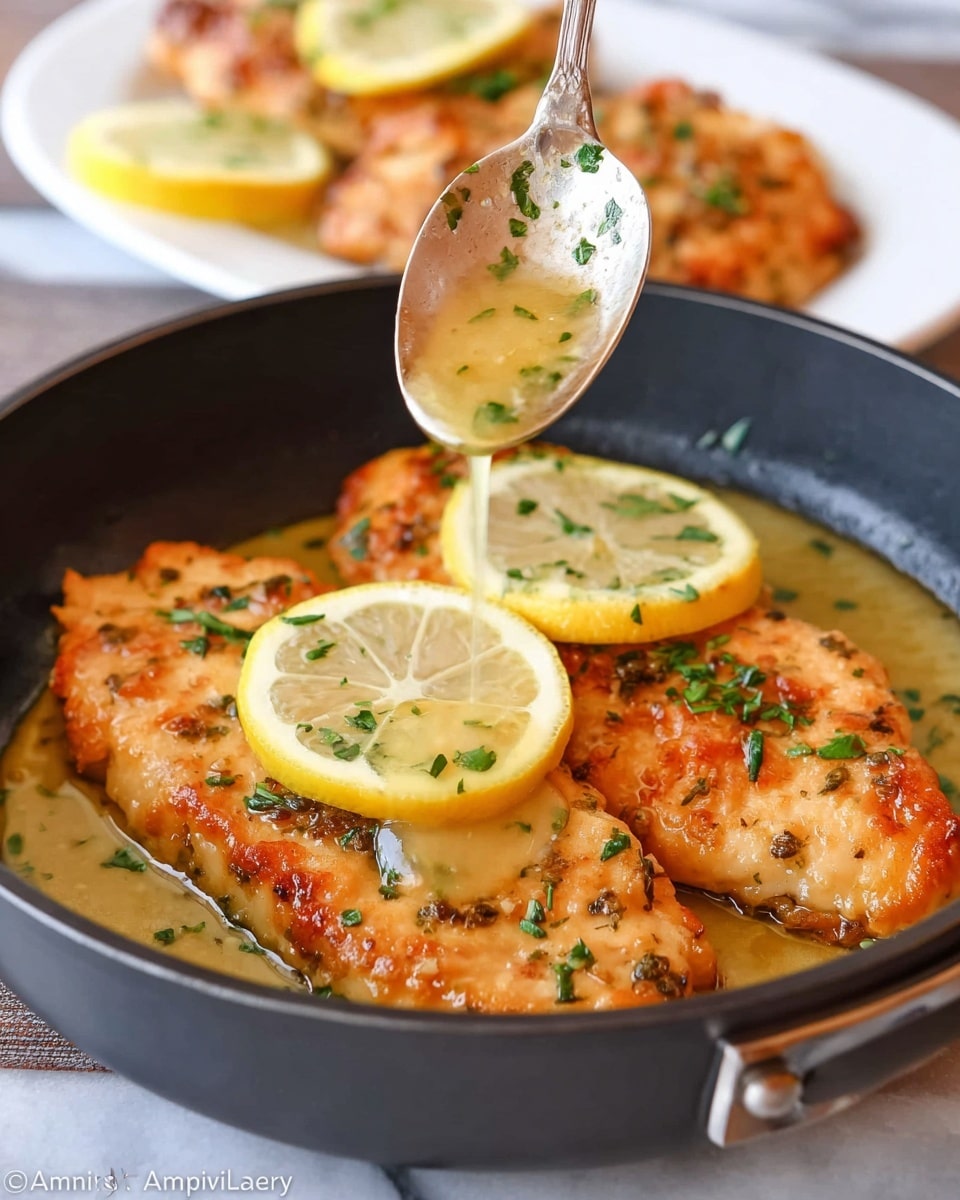 The image shows a black pan filled with several cooked golden-brown chicken breast fillets, each topped with small green herb pieces. Two lemon slices are placed on top of the chicken, adding bright yellow round accents. A spoon is held above the fillets, pouring a light, slightly creamy sauce that has small herb bits in it. In the background, there is a white plate with more food and a lemon wedge on a white marbled surface. The overall look is warm and fresh, with a focus on the cooked chicken and sauce. photo taken with an iphone --ar 4:5 --v 7